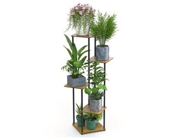Arisa home Plantenrek 5-Laags Industrieel – Houten Planken & Zwart Metalen Frame – 107 cm Hoog – Bloemenstandaard voor Woonkamer & Balkon