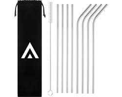 ARISENN® RVS rietjes - Herbruikbare roestvrijstalen drinkrietjes - Set van 8 stuks  - 4 rechte 4 gebogen metalen rietjes - incl. 2 Schoonmaakborsteltjes en zwart fluwelen bewaarzakje
