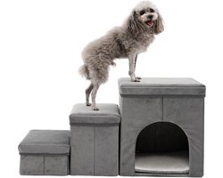 Arkyomi 3-traps hondentrap voor kleine honden, hondentrap met opbergruimte voor bed en bank, 40 cm hoog, kattentrap voor oudere katten, spons huisdierentrap, grijs en blauw