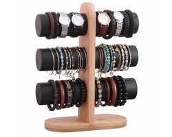 Armbandenhouder – Luxe Display Standaard – Houten Rek met Zachte PU Lederen Kussens – Voor Horloges & Sieraden - Armbanden Organizer - Armbanden Opberg Rek - Sieradenhouder - Zwart - Voor Heren en Dames