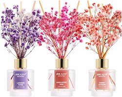 Aroma Diffuser Set van 50ml met Lavendel, Sandelhout en Kersenbloesem - Geurverspreider voor Slaapkamer, Woonkamer en Badkamer met 24 Rietjes
