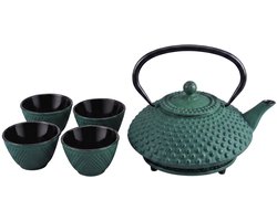 AROMELIO - Gietijzeren theepot met zeef, kopjes en onderzetter TSUKO, 1,25 l, groen
