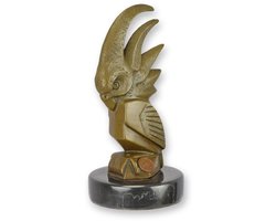 Art deco kaketoe beeld auto mascotte van brons – decoratief bronzen papegaaibeeld op marmeren sokkel – vintage interieur & verzamelobject
