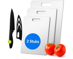 Art Goods RVS Snijplankenset 2 Stuks – Titanium Look – Antibacterieel – Duurzaam – Vaatwasserbestendig – Inclusief Keukenmes met Beschermkap – 33,5 x 22,5 cm & 24,5 x 14,5 cm – Cutting Board