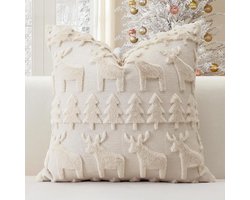 Art lens set met 1 wolen kussen, zacht fluweel kort wolen fluweel, decoratieve kussen, bank kussen, kerstbank kussen, slaapkamer kussen, kerstboom kussen en hert crème beige set 45 * 45cm