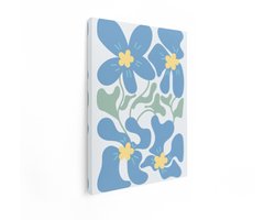 Artaza Canvas Schilderij Abstracte Blauwe Bloemen met Gele Harten en Groene Bladeren op een Lichte Achtergrond - 30x40 cm - Klein - Wanddecoratie Woonkamer - Schilderijen - Muurdecoratie