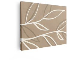 Artaza Canvas Schilderij Abstracte Witte Takken met Bladeren op een Taupe Achtergrond - Minimalistisch Ontwerp - 80x60 cm - Wanddecoratie Woonkamer - Schilderijen - Muurdecoratie