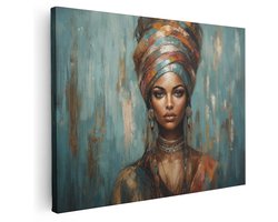 Artaza Canvas Schilderij Afrikaanse Vrouw - Abstract Portret - Turquoise Achtergrond - 120x90 cm - Groot - Wanddecoratie Woonkamer - Schilderijen - Muurdecoratie