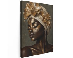 Artaza Canvas Schilderij Afrikaanse Vrouw - Gouden Bloemen - Abstract Portret - 90x120 cm - Groot - Wanddecoratie Woonkamer - Schilderijen - Muurdecoratie