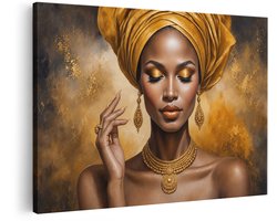 Artaza Canvas Schilderij Afrikaanse Vrouw Met Gouden Sieraad - Abstract Portret - 120x80 cm - Groot - Wanddecoratie Woonkamer - Schilderijen - Muurdecoratie