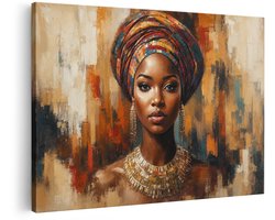 Artaza Canvas Schilderij Afrikaanse Vrouw Met Kleurrijke Tulband - Abstract Portret - 120x80 cm - Groot - Wanddecoratie Woonkamer - Schilderijen - Muurdecoratie