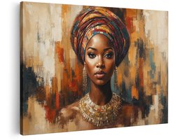 Artaza Canvas Schilderij Afrikaanse Vrouw Met Kleurrijke Tulband - Abstract Portret - 180x120 cm - Groot - Wanddecoratie Woonkamer - Schilderijen - Muurdecoratie