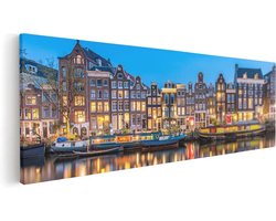 Artaza Canvas Schilderij Amsterdamse Huisjes In De Avond Met Lichten - 90x30 cm - Wanddecoratie Woonkamer - Schilderijen - Muurdecoratie