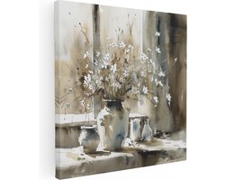 Artaza Canvas Schilderij Aquarel Kunstwerk van Bloemen in een Vaas op een Vensterbank - Bloemen - 90x90 cm - Groot - Wanddecoratie Woonkamer - Schilderijen - Muurdecoratie