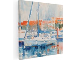 Artaza Canvas Schilderij Aquarel Kunstwerk van Zeilboten Aangemeerd in een Haven - 80x80 cm - Groot - Wanddecoratie Woonkamer - Schilderijen - Muurdecoratie