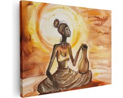 Artaza Canvas Schilderij Aquarelkunstwerk van een Afrikaanse Vrouw met Kruik - 120x90 cm - Wanddecoratie Woonkamer - Schilderijen - Muurdecoratie