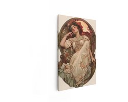 Artaza Canvas Schilderij Art Nouveau Dame in een Stoel met Bloemenpatroon - Dromerige Uitdrukking - 60x90 cm - Wanddecoratie Woonkamer - Schilderijen - Muurdecoratie