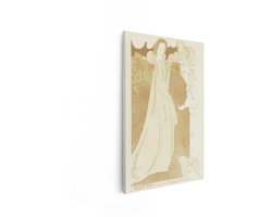 Artaza Canvas Schilderij Art Nouveau Illustratie van een Vrouw in een Lang Gewaad met een Harp op de Achtergrond - 80x120 cm - Groot - Wanddecoratie Woonkamer - Schilderijen - Muurdecoratie