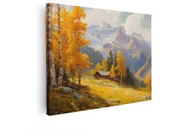 Artaza Canvas Schilderij Berglandschap - 120x90 cm - Wanddecoratie Herfst - Muurdecoratie Houten Hut - Decoratie Natuur Woonkamer - Geel