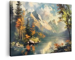 Artaza Canvas Schilderij Berglandschap - 60x40 cm - Wanddecoratie Meer - Muurdecoratie Natuur Olieverf - Decoratie Herfst Bos Woonkamer