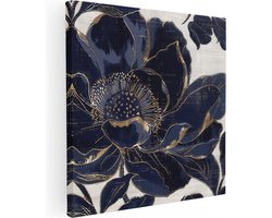 Artaza Canvas Schilderij Blauw en Goud Bloemmotief op een Witte Achtergrond - Bloemen - 50x50 cm - Wanddecoratie Woonkamer - Schilderijen - Muurdecoratie