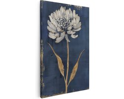 Artaza Canvas Schilderij Blauwe en Gouden Bloem op een Blauwe Achtergrond - Bloemen - 80x120 cm - Groot - Wanddecoratie Woonkamer - Schilderijen - Muurdecoratie