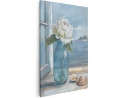 Artaza Canvas Schilderij Blauwe Vaas met een Pioenroos en Schelpen - Bloemen - 20x30 cm - Klein - Wanddecoratie Woonkamer - Schilderijen - Muurdecoratie
