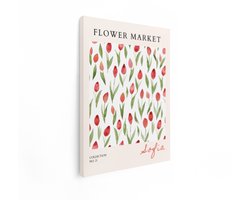 Artaza Canvas Schilderij Bloeiende Tulpen op een Poster met de Tekst "Flower Market" - 30x40 cm - Klein - Wanddecoratie Woonkamer - Schilderijen - Muurdecoratie