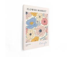 Artaza Canvas Schilderij Bloemen - 60x80 cm - Wanddecoratie Flower Market - Muurdecoratie Anemoon - Decoratie Line Art Pastel