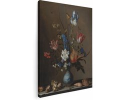 Artaza Canvas Schilderij Bloemen in een Wan-Li Vaas en Schelpen - Balthasar van der Ast - 60x80 - Kunst - Canvas Print - Muurdecoratie