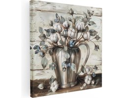 Artaza Canvas Schilderij Bloemen in een Zilveren Kan op een Houten Tafel - Bloemen - 50x50 cm - Wanddecoratie Woonkamer - Schilderijen - Muurdecoratie