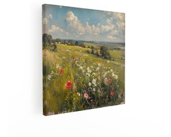 Artaza Canvas Schilderij Bloemenveld - 40x40 cm - Wanddecoratie Landschap Schapen - Muurdecoratie Natuur - Kamer Accessoires