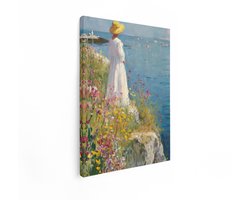 Artaza Canvas Schilderij Bloemenveld Aan Zee - 30x40 cm - Wanddecoratie Vrouw In Witte Jurk - Muurdecoratie Natuur - Decoratie Kustlandschap - Kamer Accessoires