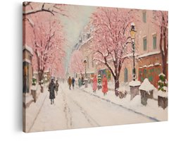 Artaza Canvas Schilderij Bloesem - 30x20 cm - Wanddecoratie Besneeuwde Straat - Muurdecoratie Parijs - Kamer Accessoires Impressionisme