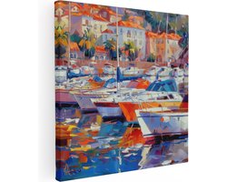 Artaza Canvas Schilderij Boten Aangemeerd in een Haven - 40x40 cm - Klein - Wanddecoratie Woonkamer - Schilderijen - Muurdecoratie