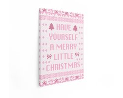 Artaza Canvas Schilderij Breipatroon met Tekst "Have Yourself A Merry Little Christmas" in Roze - 90x120 cm - Groot - Wanddecoratie Woonkamer - Schilderijen - Muurdecoratie