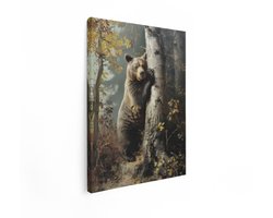 Artaza Canvas Schilderij Bruine Beer Leunt tegen een Boom in een Herfstbos met Bladeren - 30x40 cm - Klein - Wanddecoratie Woonkamer - Schilderijen - Muurdecoratie