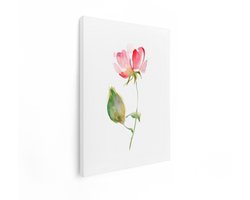 Artaza Canvas Schilderij Delicaat Aquarelschilderij van een Enkele Roze Roos met een Groene Knop op een Witte Achtergrond - 30x40 cm - Klein - Wanddecoratie Woonkamer - Schilderijen - Muurdecoratie