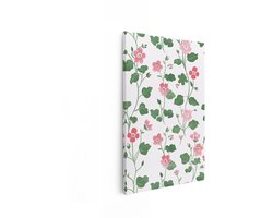 Artaza Canvas Schilderij Delicaat Roze en Rood Bloemenpatroon met Groene Bladeren op Witte Achtergrond - 40x60 cm - Wanddecoratie Woonkamer - Schilderijen - Muurdecoratie