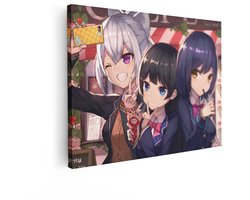 Artaza Canvas Schilderij Drie Anime Vriendinnen Maken een Selfie met een Crêpe en Bubble Tea - 120x90 cm - Groot - Wanddecoratie Woonkamer - Schilderijen - Muurdecoratie