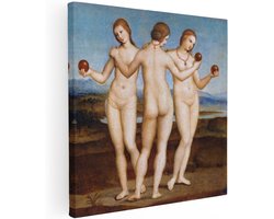 Artaza Canvas Schilderij Drie Naakte Vrouwen met Appels in een Landschap - Klassieke Kunst - 100x100 cm - Groot - Wanddecoratie Woonkamer - Schilderijen - Muurdecoratie