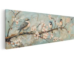 Artaza Canvas Schilderij Drie Vogels op een Tak met Bloesems - Dieren - 90x30 cm - Wanddecoratie Woonkamer - Schilderijen - Muurdecoratie