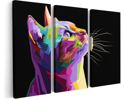 Artaza Canvas Schilderij Drieluik Kleurrijke Kat Kijkt Naar Boven - Abstract - 150x100 cm - Groot - Wanddecoratie Woonkamer - Schilderijen - Muurdecoratie