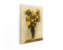 Artaza Canvas Schilderij Een Boeket Gele Rozen in een Glazen Vaas op een Houten Tafel - 90x120 cm - Groot - Wanddecoratie Woonkamer - Schilderijen - Muurdecoratie