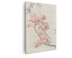 Artaza Canvas Schilderij Fijne Roze Azaleabloesems op Takken - Traditionele Oost-Aziatische Kunststijl - 40x50 cm - Wanddecoratie Woonkamer - Schilderijen - Muurdecoratie