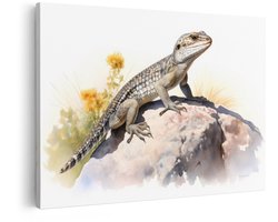 Artaza Canvas Schilderij Gedetailleerde Aquarelillustratie van een Hagedis op een Rots met Bloemen - 30x20 cm - Klein - Wanddecoratie Woonkamer - Schilderijen - Muurdecoratie