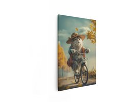 Artaza Canvas Schilderij Grappige Kat met Hoed en Tas Fietst door Herfstlandschap - 20x30 cm - Klein - Wanddecoratie Woonkamer - Schilderijen - Muurdecoratie