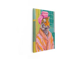 Artaza Canvas Schilderij Grappige Tijger in Badjas en met Handdoek op Hoofd - Geschilderd in Levendige Kleuren - 80x120 cm - Groot - Wanddecoratie Woonkamer - Schilderijen - Muurdecoratie