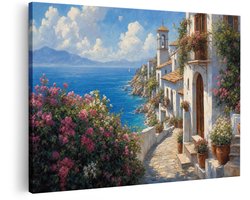 Artaza Canvas Schilderij Grieks Kustdorp Met Bloemen - Zee en Zomerse Sfeer - 120x80 cm - Groot - Wanddecoratie Woonkamer - Schilderijen - Muurdecoratie