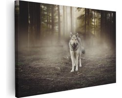 Artaza Canvas Schilderij Grijze Wolf In Het Bos - 120x80 cm - Groot - Wanddecoratie Woonkamer - Schilderijen - Muurdecoratie